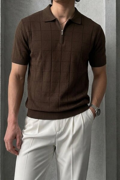 Maccali Men's Striped Relax Fit Knitwear Dark Brown Polo Neck T-Shirt