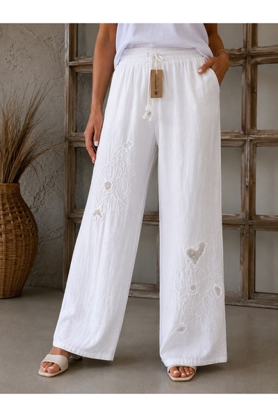 MENSAR OTANTİK Cotton Trousers with Floral and Heart Embroidery