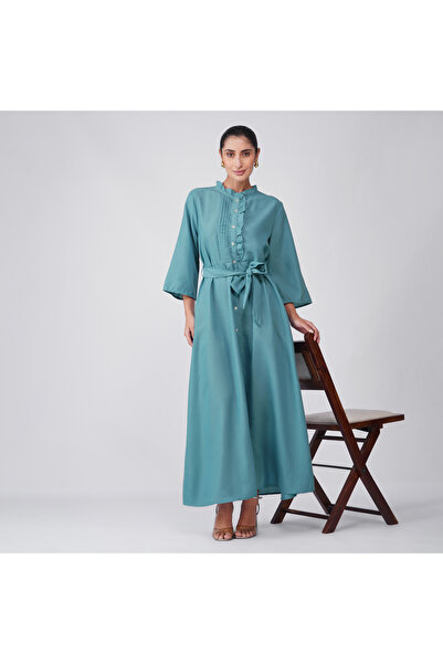 LINELLE Teal Blue Ruffle Collar Shirt Maxi Dress