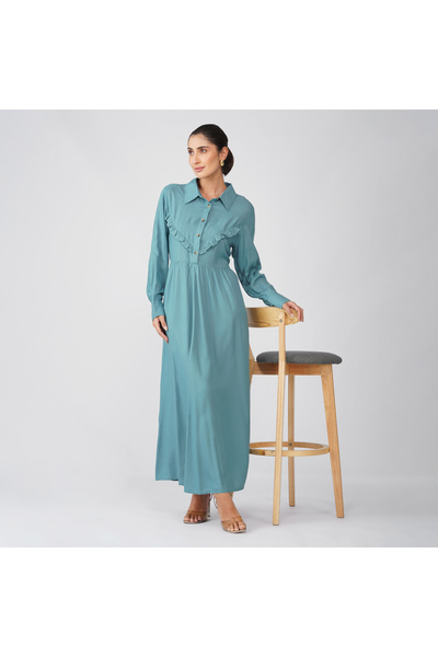 LINELLE Teal Blue Ruffle Detail Ladies Casual Dress