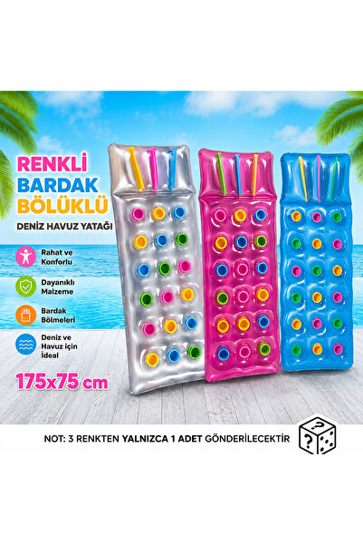 LRS STORE Lüks Deniz Havuz Yatağı Bardak Tutuculu 175x75 cm Renkli Havuz Eğle...
