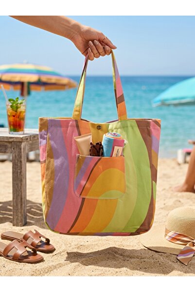 MERİCEY Colorful Retro Wave Pattern Summer Canvas Beach Bag - Large Tote Bag