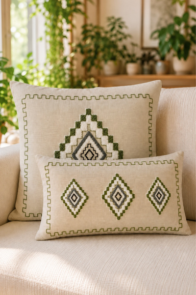 Decomia Home Set de huse de pernă din amestec de in, brodate cu tufting moder...
