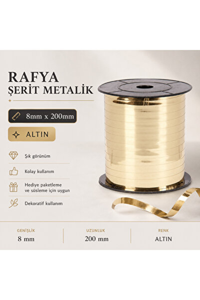 san Metalik Rafya Şerit Balon ve Hediye Bağlama İpi 8mm x 200 Metre (Altın)