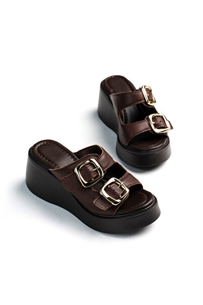 Tonny Black Дамски кафяви удобни чехли с двойна катарама и дебела подметка