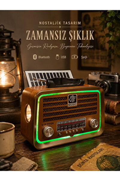 BLOMSTER Everton RT-717 Güneş Enerjili Bluetooth Nostaljik Radyo LED Işıklı USB AUX Şarjlı Taşınabilir