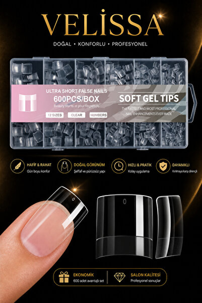 velissa Soft Jel Tips Ultra Short Badem/Oval/Küt French Uyumlu Kısa Tips 600'...