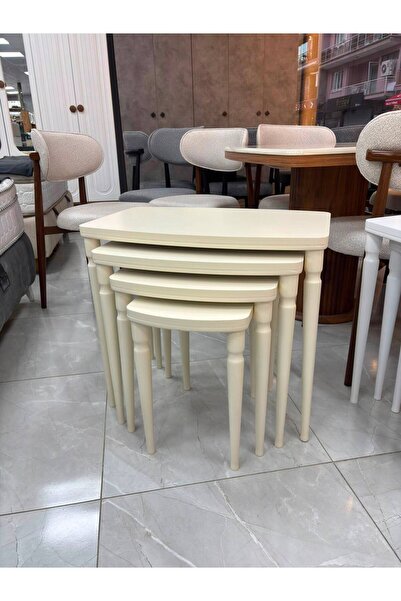 AKSU Ev 4'lü Cilalı Lake MDF Zigon Sehpa Seti Oymalı Ahşap Ayaklı