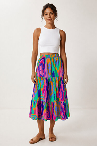 sharin Women's Colorful Summer Elastic Waist Patterned Midi Length Viscose Sk...