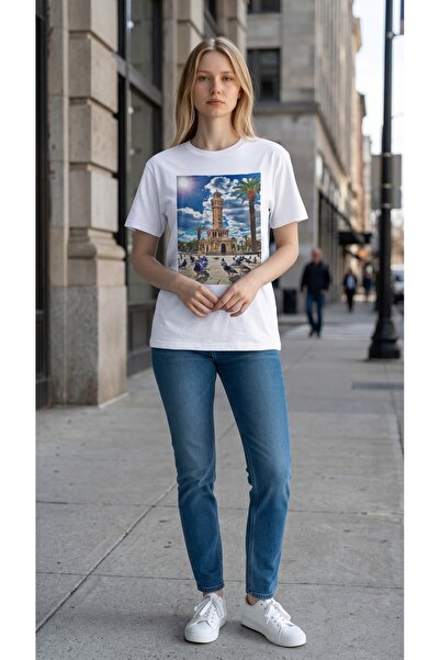 AHMERA تي شيرت نسائي أبيض بأكمام قصيرة مطبوع عليه برج الساعة في إزمير