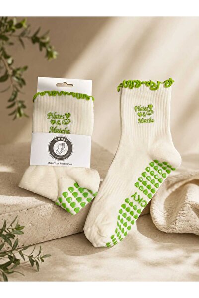 E&N Socks Pilates & Matcha Nakışlı Pileli Kaydırmazlı Pilates Çorabı