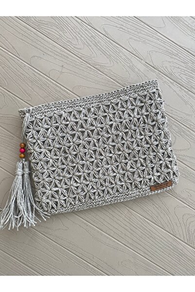 Nevdusha Design El Örgüsü Kadın Gri Renkli Hasır Clutch Portföy El Çantası