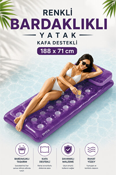 NeoThings Bardaklıklı Şişme Deniz Yatağı 188x71 cm Kafa Destekli Havuz Deniz ...