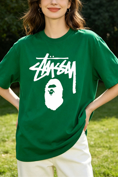 Fleck Womens T Shirts Stussy Ape Head Logo Oversized Streetwear Style Green C...