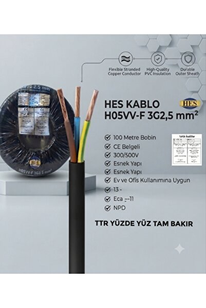 DC-ELEKTRO HES KABLO 3X2.5 TTR YÜZDE 100 TAM BAKIR KALIN KABLO (1 METRE FİYAT...
