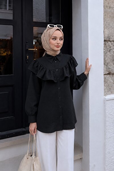 Lunfia Fırfırlı Düğmeli Rayon Tunik - Siyah