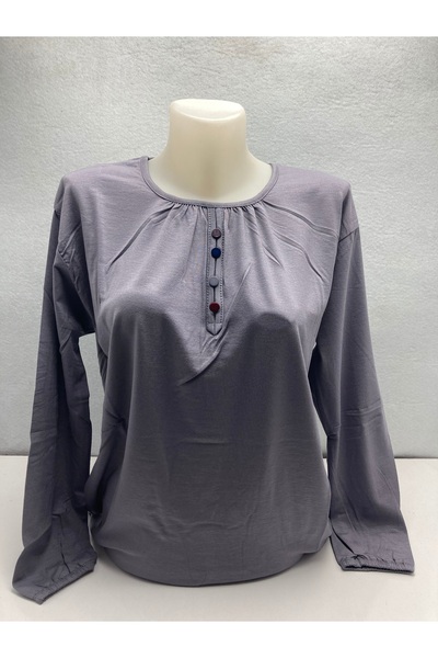 LÜKS MİRAYDA Half-Buttoned Smoked Plum Mother-Of-Pearl Fabric with Elasticate...