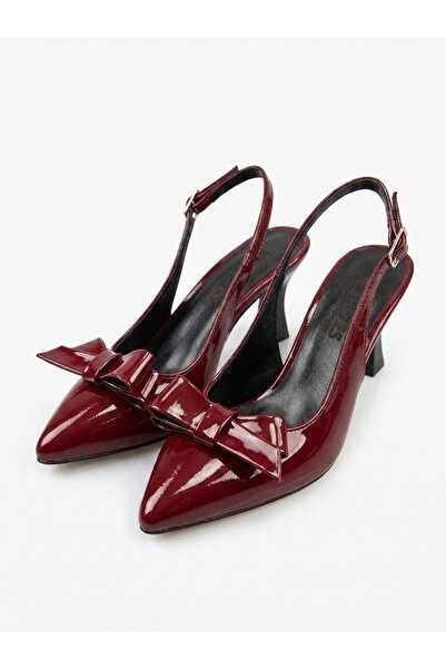 Nubbock Burgundy Patent Leather Women's Goblet Heeled Shoes with Bow Nk3194