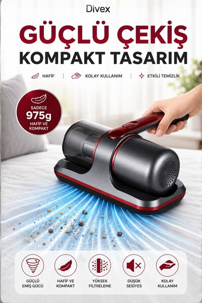 Divex Şarjlı UV Yatak Süpürgesi 8000Pa Güçlü Emiş Çift Titreşim Başlıklı HEPA...