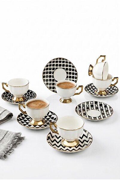 ALBETTO 6-Person Luxury Porcelain Gilded Cup Set (Black Lines)