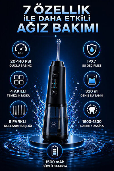 Merwish Akıllı Ağız Duşu 20-140 PSI Şarjlı Diş Duşu IPX7 Su Geçirmez 320ml 4 ...