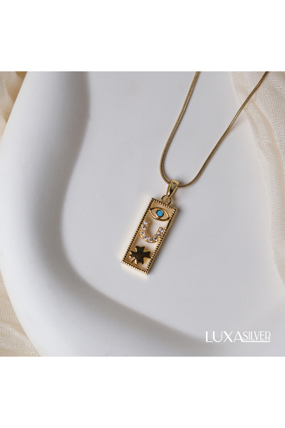 luxa silver jewellery Şans Tılsımı Gold Çelik Kararmaz Plaka Kolye/ Göz Nal Y...