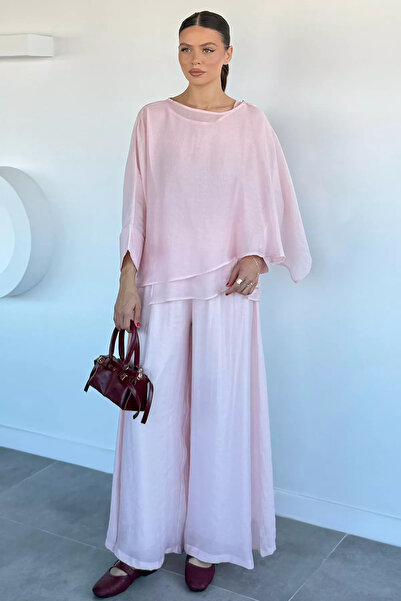 Aryena Pink Gülseli Women's Transparent Blouse and Pants Two-Piece Set