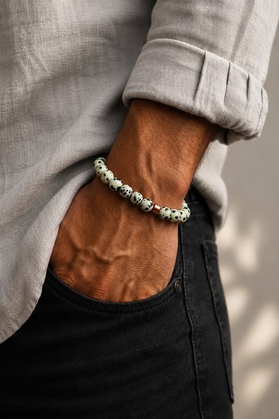 Orenda Design Dalmatian Jasper Men's Bracelet |   Joy & Protective Energy |   Natural Stone