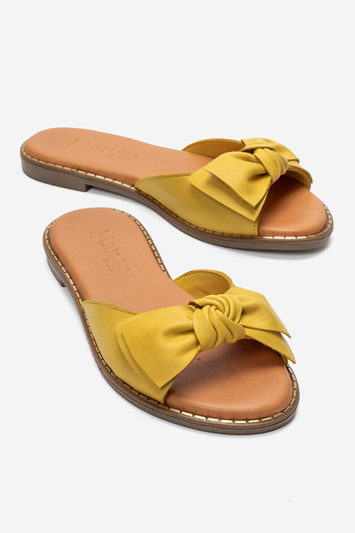 MANCORIGO Genuine Leather Women's Yellow Bow Slippers Summer