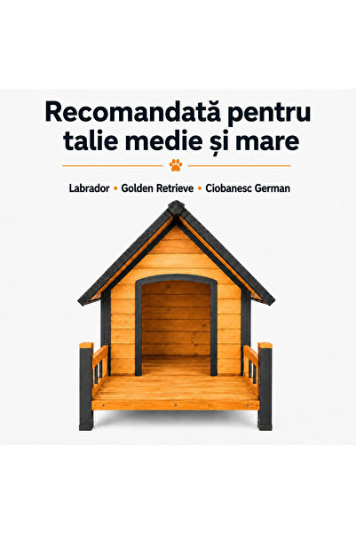 Buntz Casuta pentru caini din lemn, BUNTZ, cu terasa frontala, acoperis bitumat, baza ridicata, pentru talie medie si mare, 98 x 88 x 88.5 cm, maro/negru