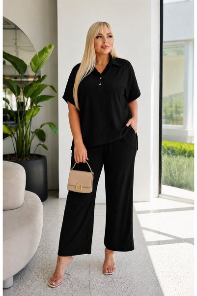 Butik Nilyam Women's Plus Size Loose Fit Shirt Collar Textured Linen Bottom - Top Set 29000