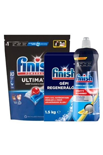 Finish Set Ultimate All in 1, 80 capsule, 800ml Soluție de clătire LEMON, 1.5...