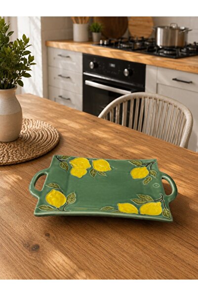 Twinkle Amalfi Garden Lemon Patterned Rectangular Tray with Handles Green 36 cm