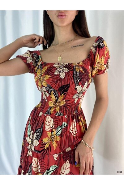 Modafeminen Desen3 Slit Square Neck Long Dress 581786
