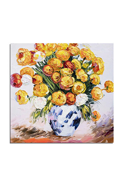 artnova 3D картина с цветя, Ръчно рисувана ваза с невен, 50x50см маслена карт...