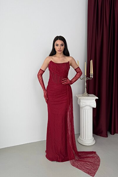 Serica Moda Bordo Straplez Dantel Eldivenli Drapeli Bordo Uzun Abiye Elbise