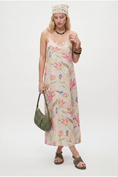 Ritnice Women's Montana Linen Blend Adjustable Strap Floral Long Woven Dress
