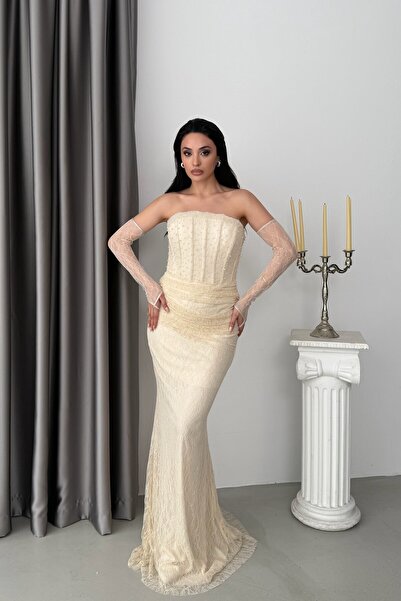 Serica Moda Bej Straplez Taş İşlemeli Balenli Eldivenli Dantel Abiye Elbise
