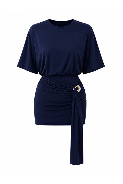MYCPARL Loose Fit Bodycon Skirted Flowy Buckle Detailed Gathering Detail T-Sh...