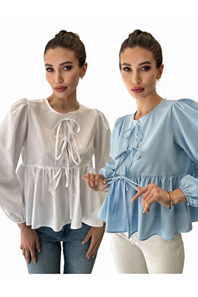 ossons Set of 2 Cotton Poplin Oversized Shirts with Bow Detail (Ice Blue - Wh...