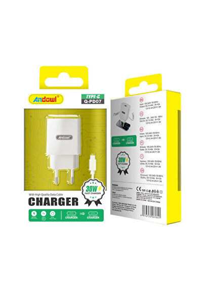 Andowl Φορτιστής με Θύρα USB-C και Καλώδιο USB-C σε USB-C 30W Λευκό (Q-PD07)
