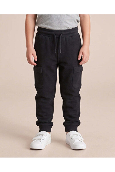 REDTAG Boys Black Ottoman Cargo Pocket Track Pants