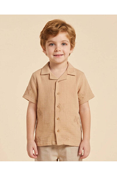 REDTAG Boys Brown Allover Embroidered Short Sleeve Shirt