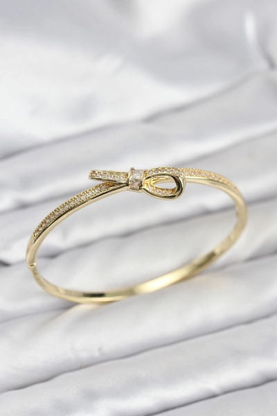 ARMÜZ Brass Gold Color Zircon Stone Bow Model Women's Handcuff Bracelet