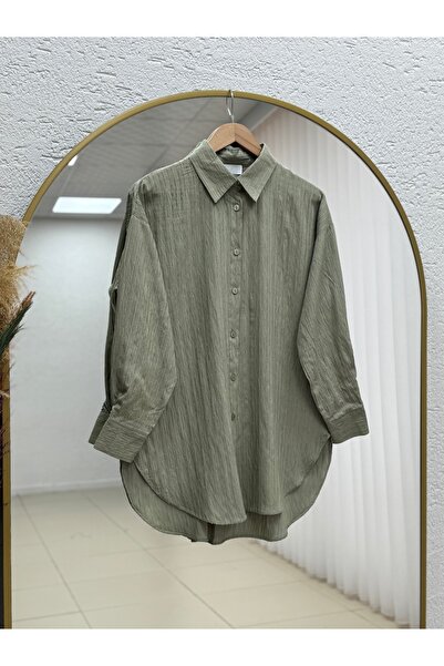 MİHRA STORE Çiğdem Striped Linen Blend Oversize Women's Shirt-Zn1174 Mint
