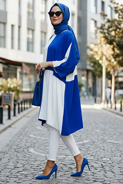 Moda Mistik Zephyra Uzun Tesettür Tunik Saks Mavi Beyaz Dama Desen Yarasa Kol...