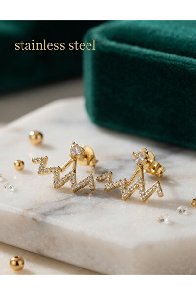stainless steell Brass Gold Color Zircon Stone Zigzag Model Earrings