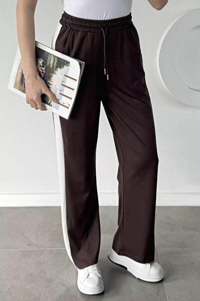 Aryena Brown Women's High Waist Striped Sweatpants with Elastic Waistband