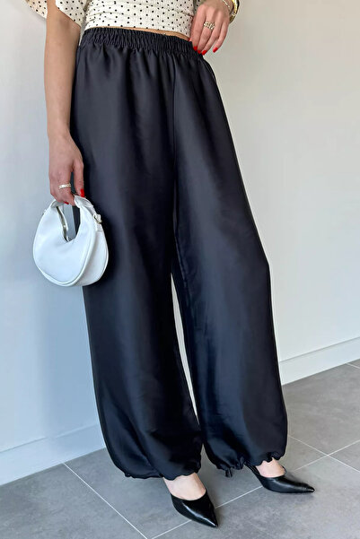 Aryena Black Women's Wide Leg Pants with Elastic Waist and Cuffs