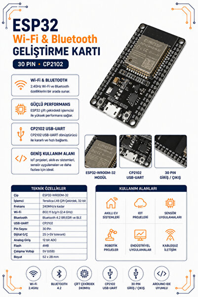 ESP32 Wi-Fi Bluetooth Geliştirme Kartı 30 Pin CP2102